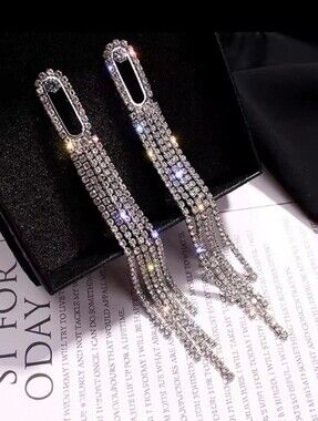 Silver Long Tassel Crystal Sparkly Drop Earrings - Womens  Waterfall Fringe Diam